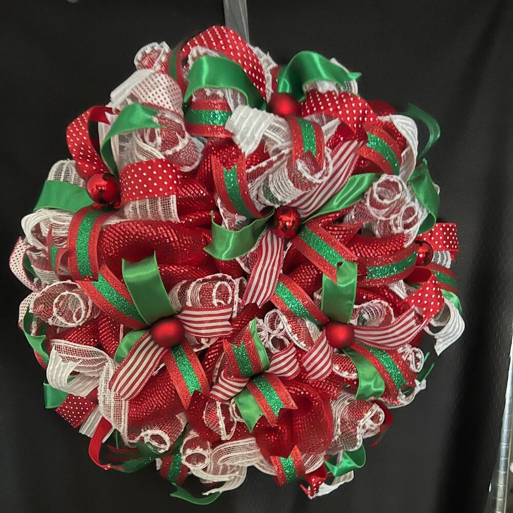 Christmas Wreath with Red Stripped Ribbons Made of Deco Mesh